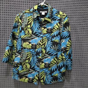 Tropical Palm Linen Jacket Lg VTG Beach Boho Vacay Shoulder Pads Coastal Grandma